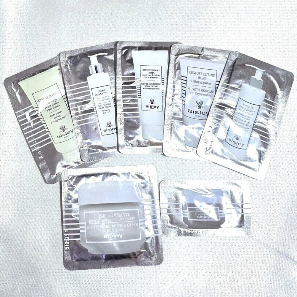 7 Sisley samples - eye and lip contour balm, cleansing milk, buffing, body cream